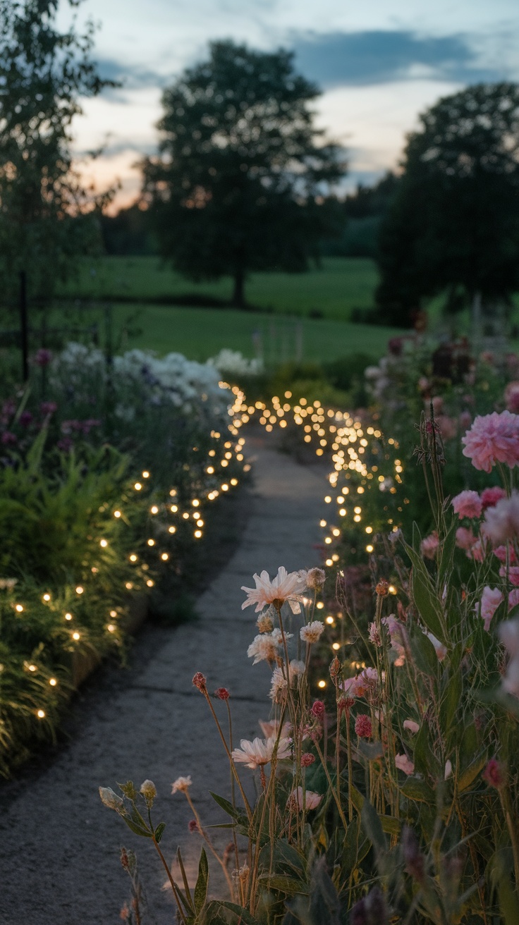 A beautifully lit garden pathway with solar-powered lights surrounded by flowers at dusk.