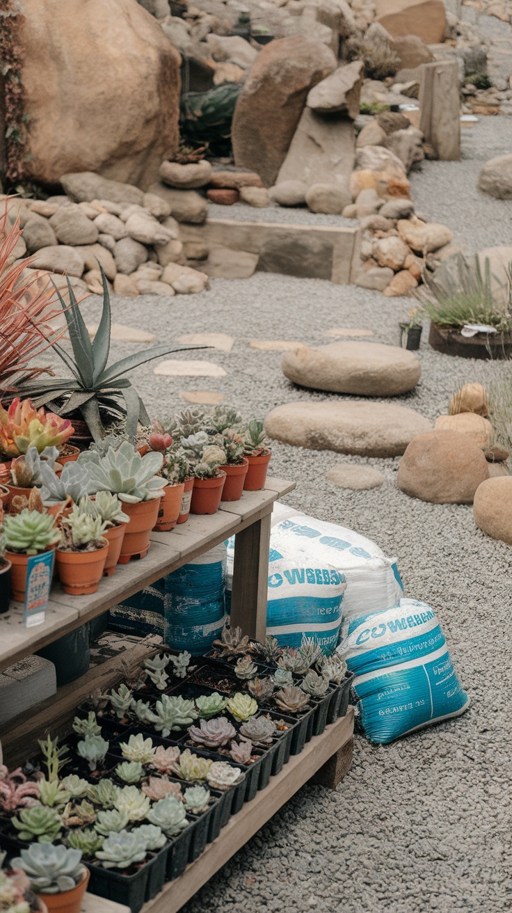 A garden display featuring succulents in pots alongside river rocks and gravel pathways.