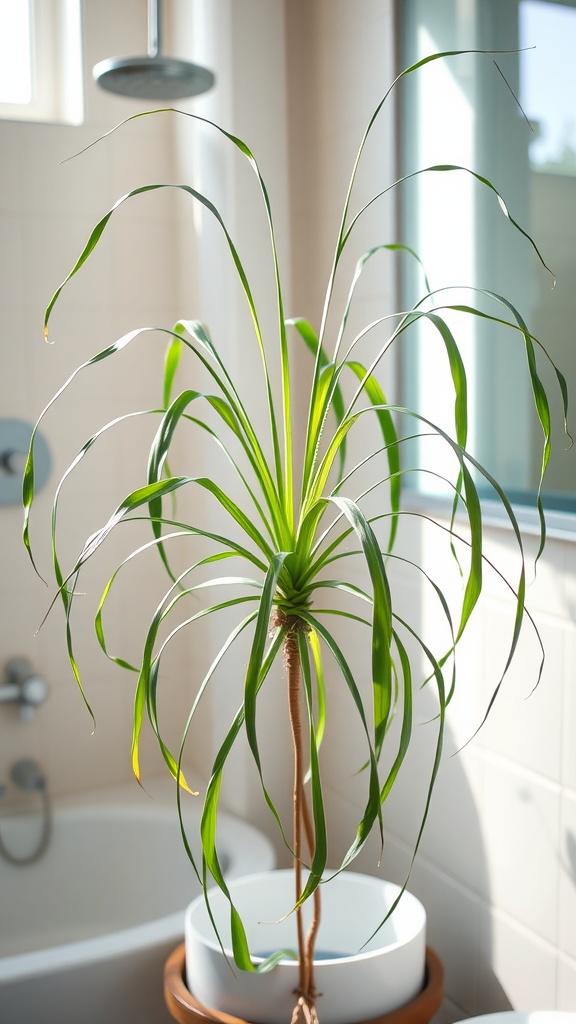 A spider plant with long green leaves in a bathroom setting.