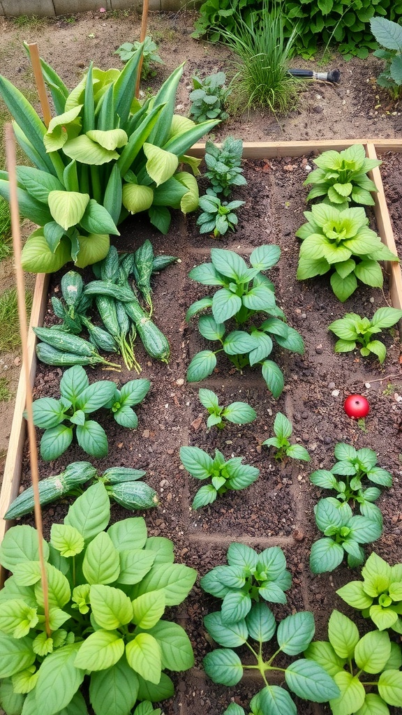 Square foot garden filled with various vegetables and herbs