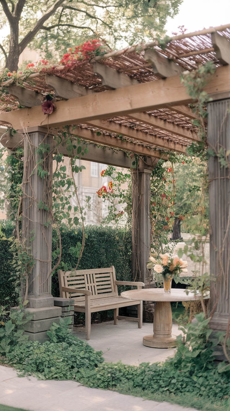 A beautiful pergola adorned with flowers, featuring a wooden bench and a round table.