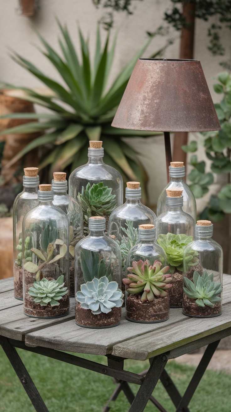 Succulent gardens arranged in glass bottles on a wooden table