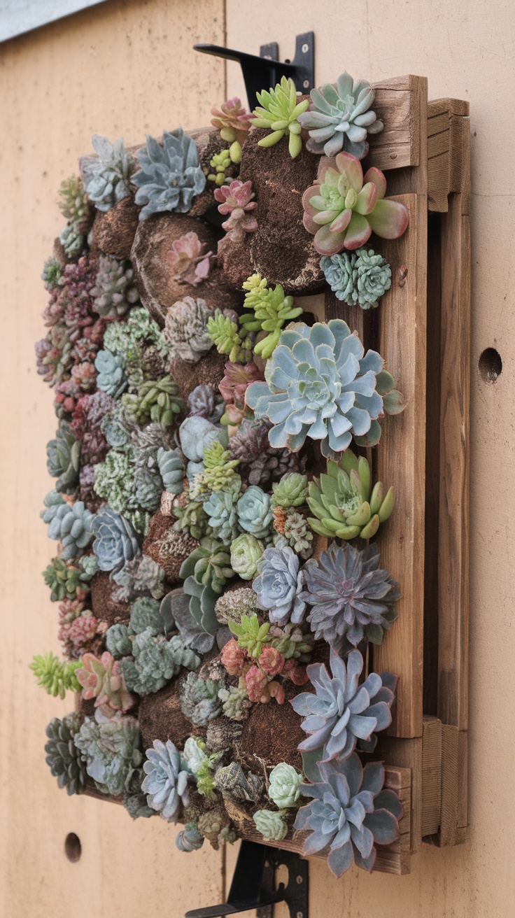 A vertical wall display of various succulents arranged in a wooden pallet.