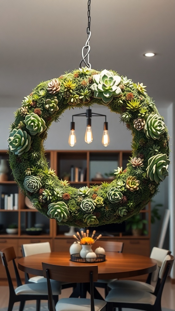 A circular chandelier made of succulents, hanging above a wooden dining table.