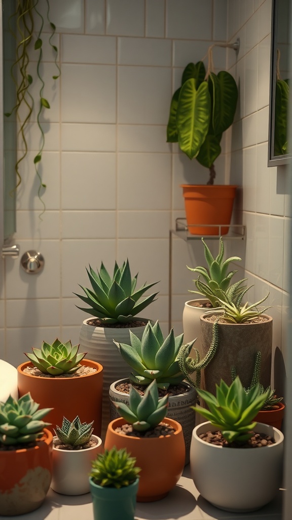 A collection of succulents in various pots displayed in a bathroom setting.