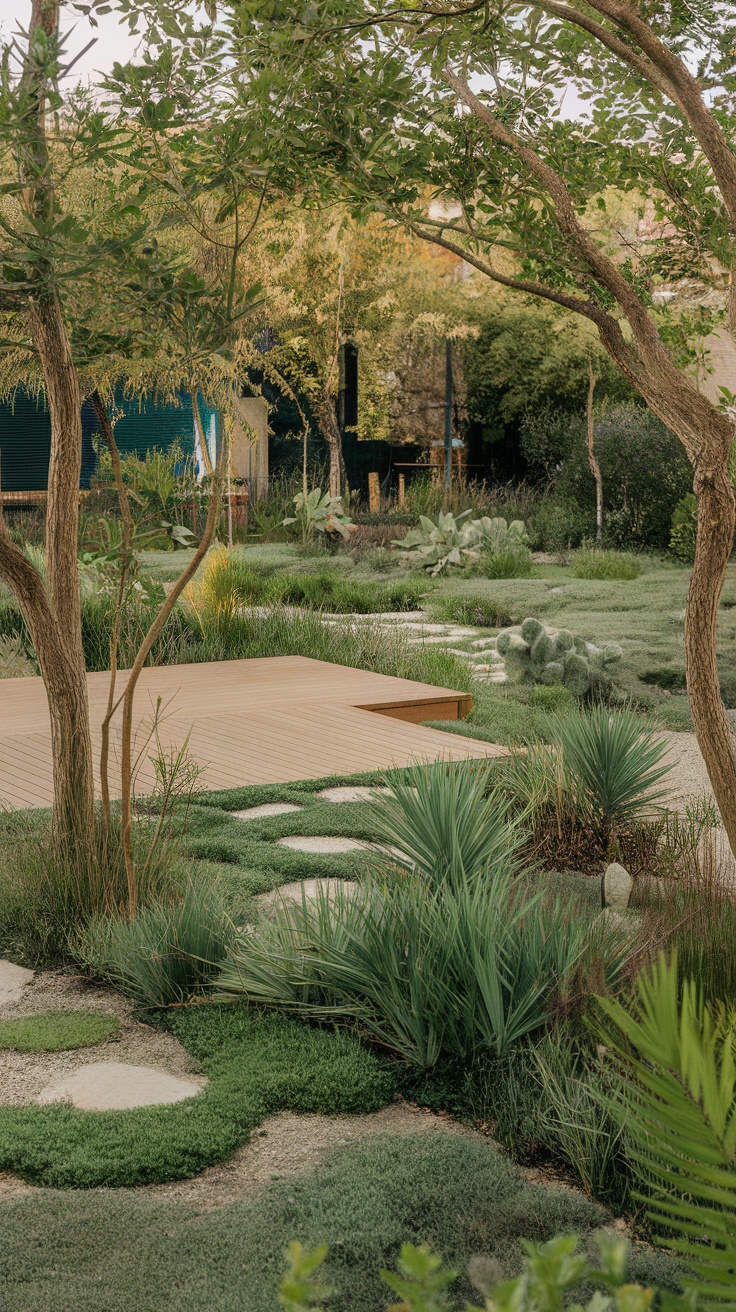 A green garden area with a deck, featuring various plants, trees, and a natural landscape.