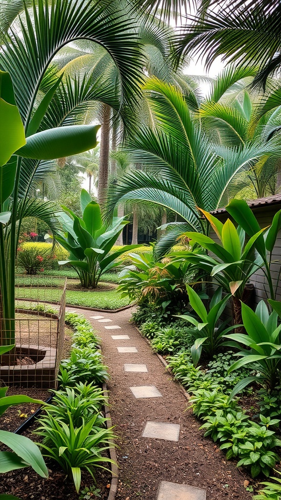 Pathway through a lush tropical garden with various plants and greenery.