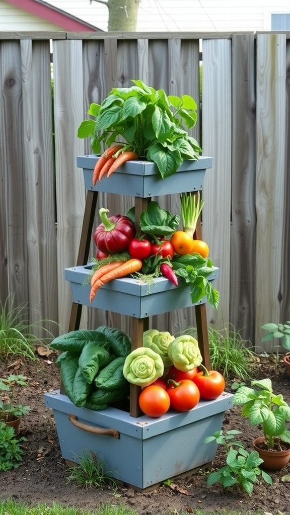 A tiered planter with various vegetables like carrots, tomatoes, and lettuce.