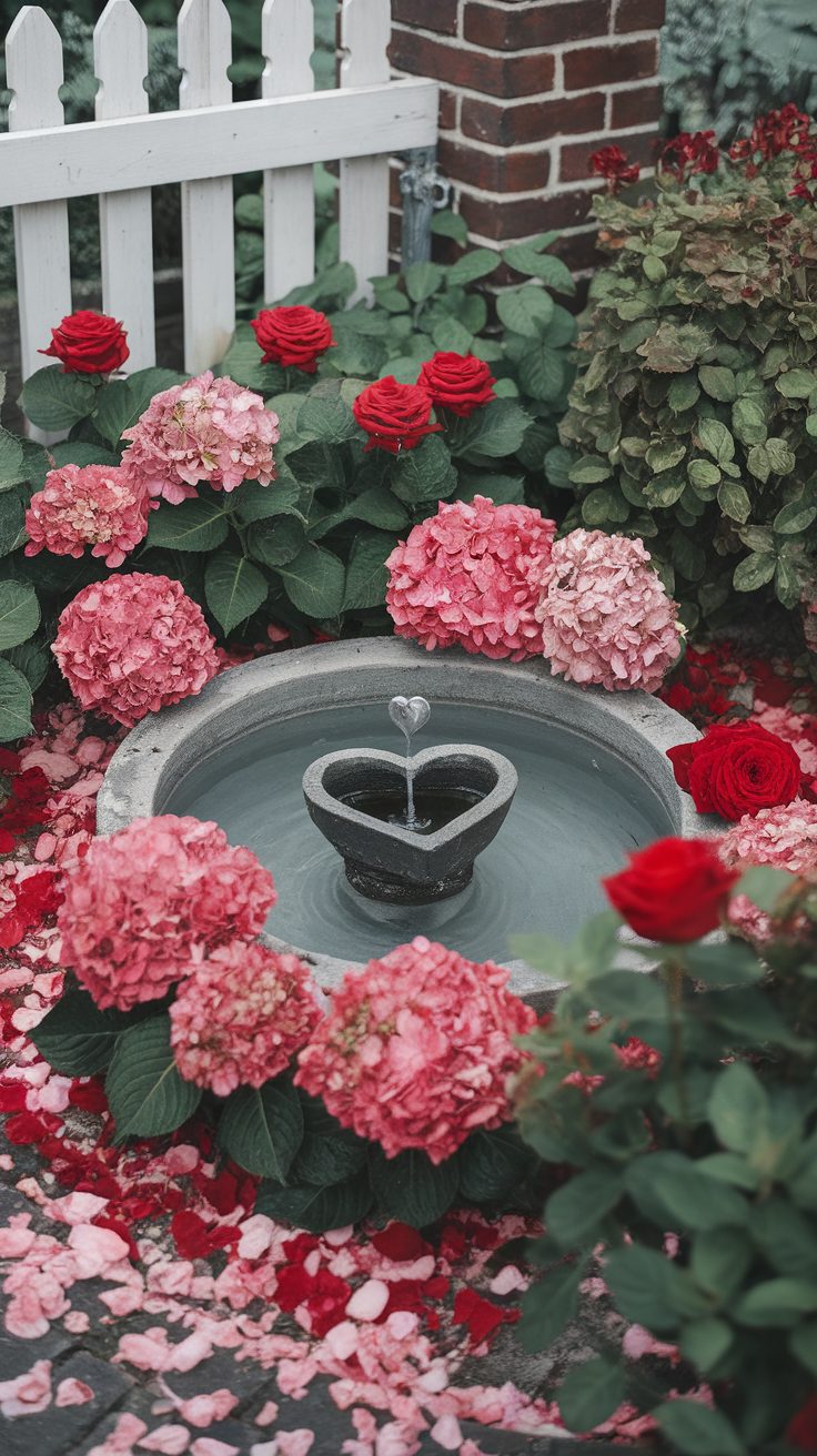 A serene backyard garden featuring a water fountain surrounded by greenery.