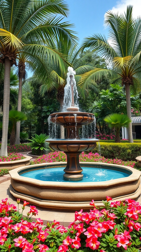 A beautiful tropical garden featuring a fountain surrounded by pink flowers and palm trees.