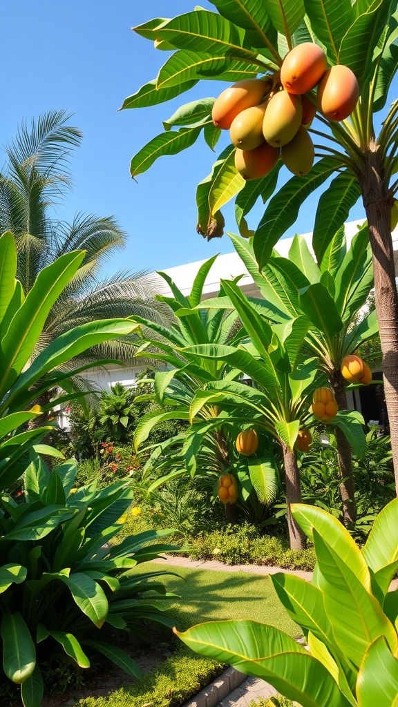 A vibrant tropical garden featuring papaya trees with ripe fruit.