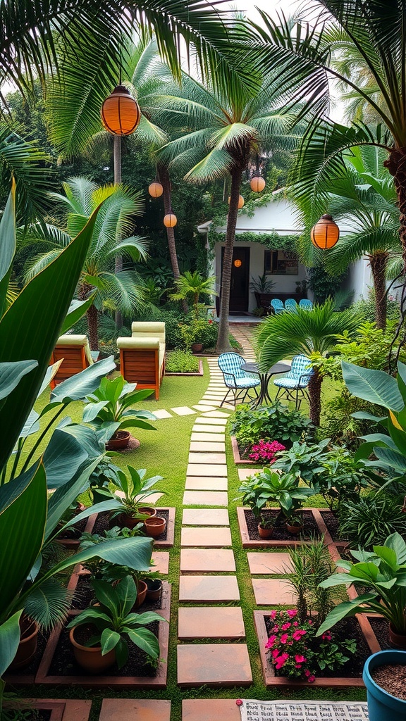 A pathway lined with tropical plants and colorful flowers in a garden setting.