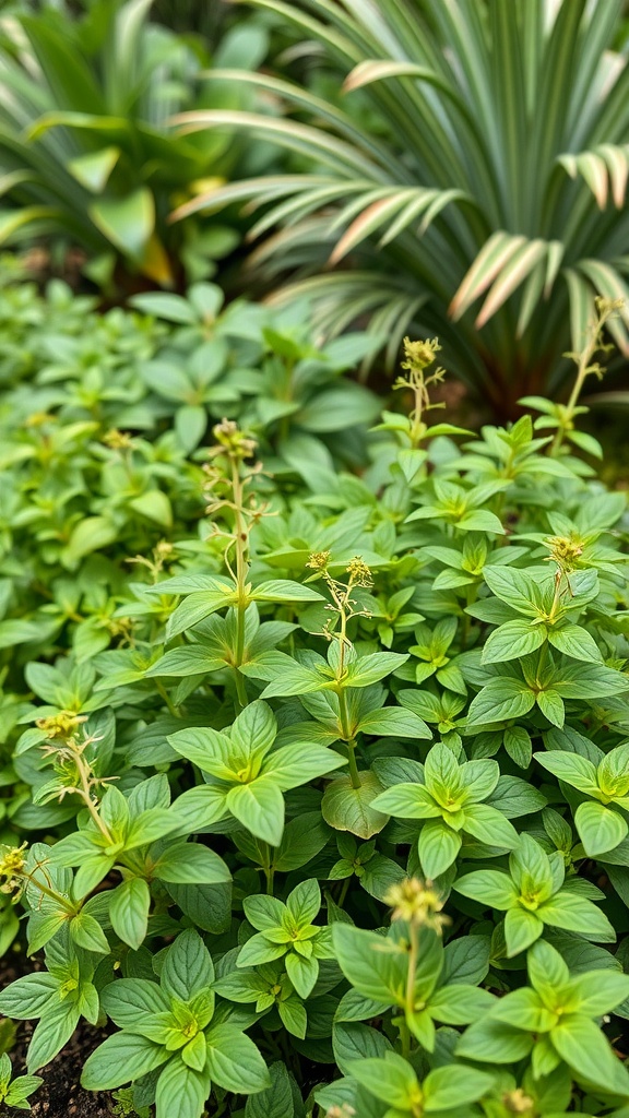 A lush tropical herb garden with green leafy plants.