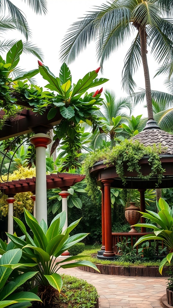 A tropical garden featuring a gazebo with lush plants and palm trees.