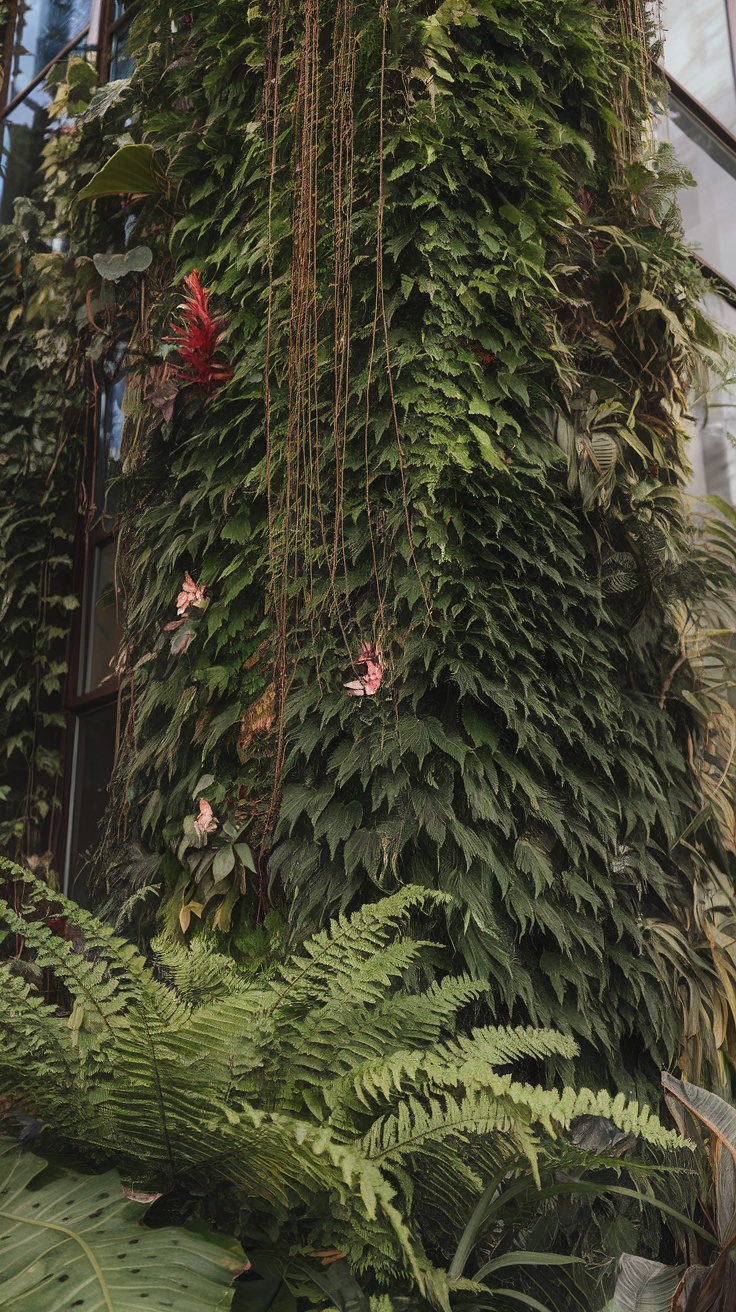 Vertical garden wall featuring ferns and climbing vines.