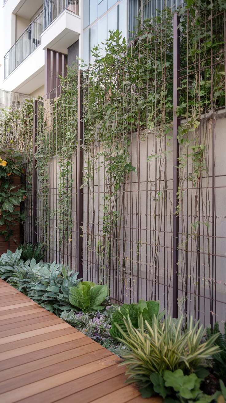 A modern garden deck area with a unique fencing design featuring greenery.