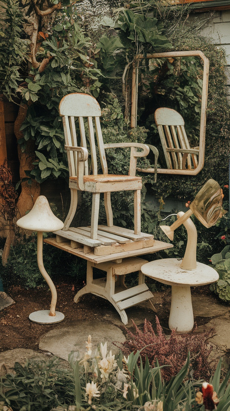 A creative garden setup with upcycled furniture including a chair, a lamp, and a table surrounded by plants.