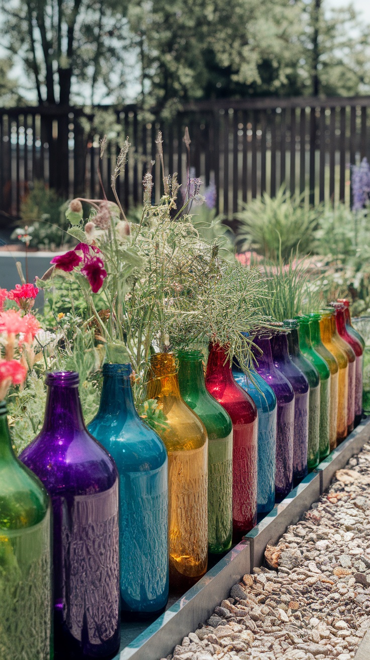 Colorful glass bottles used as garden edging with flowers and greenery