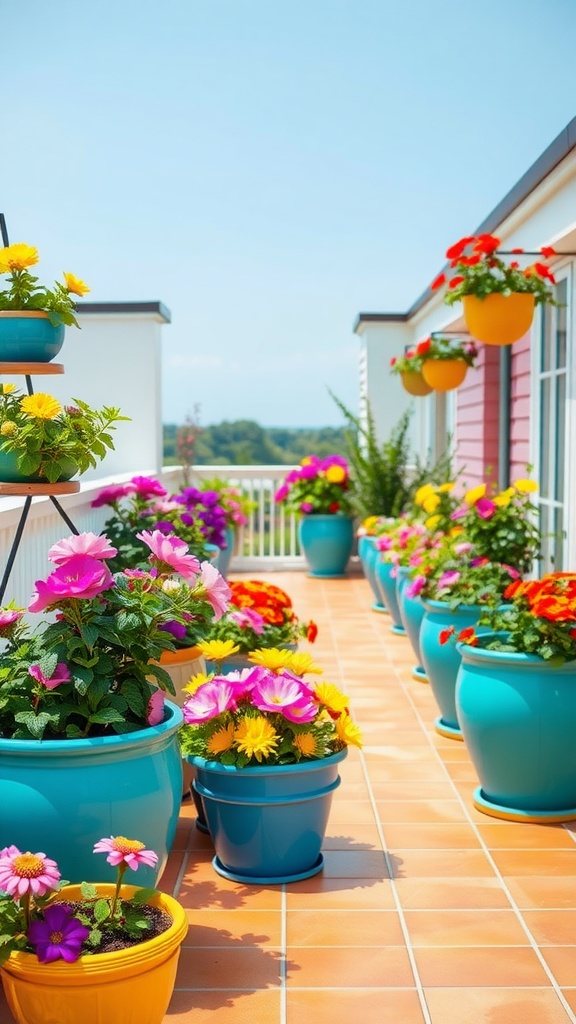 A vibrant garden terrace filled with colorful flower planters