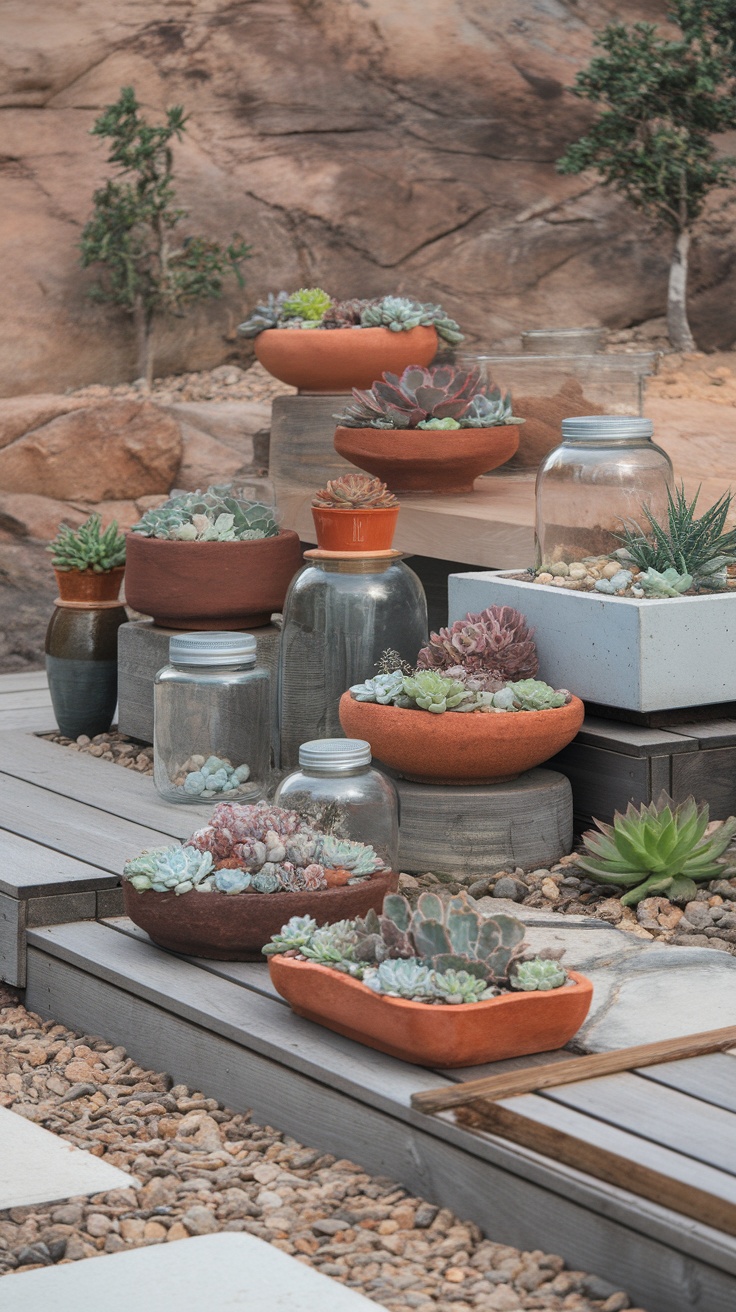 An arrangement of colorful succulents in various pots, showcasing low-maintenance landscaping options.