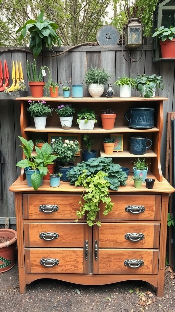 An old wooden dresser repurposed as a plant stand in a garden, featuring various potted plants and herbs.