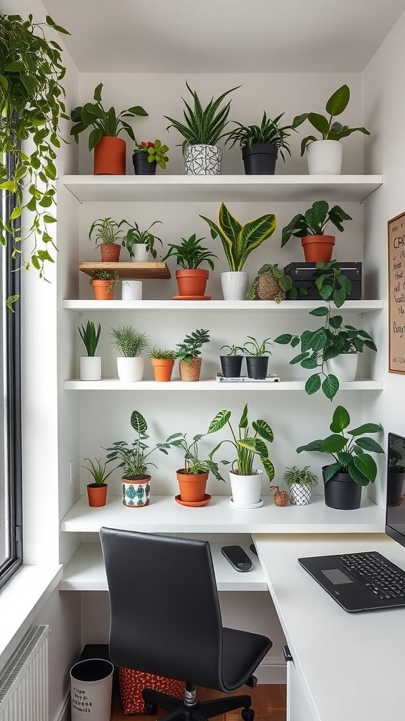 Home office with plant shelves displaying various greenery and plants.