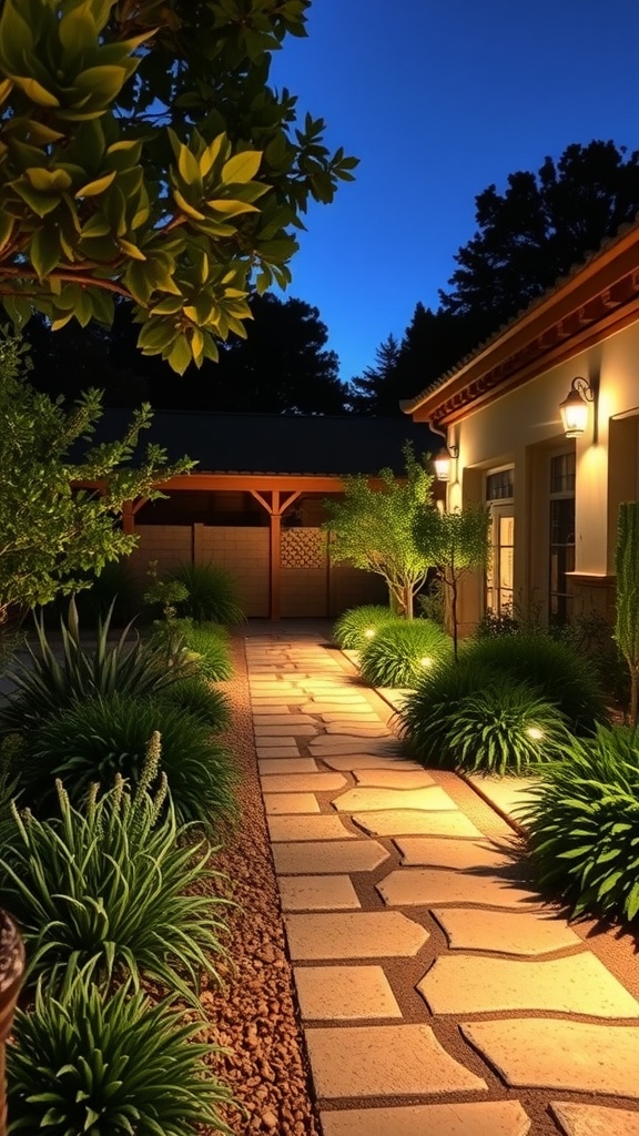 A beautifully lit pathway surrounded by greenery and soft lights in a Mediterranean-inspired yard.