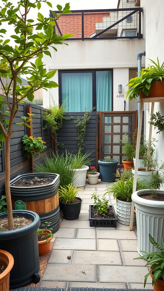 A picturesque garden terrace with various potted plants and greenery.