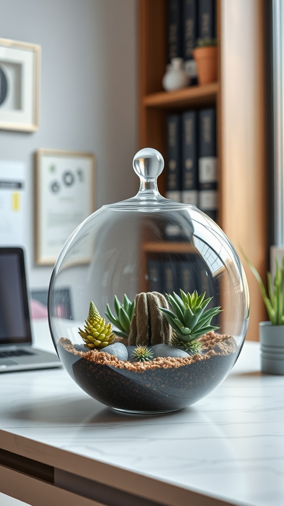 A glass terrarium filled with small plants and decorative stones on a desk.