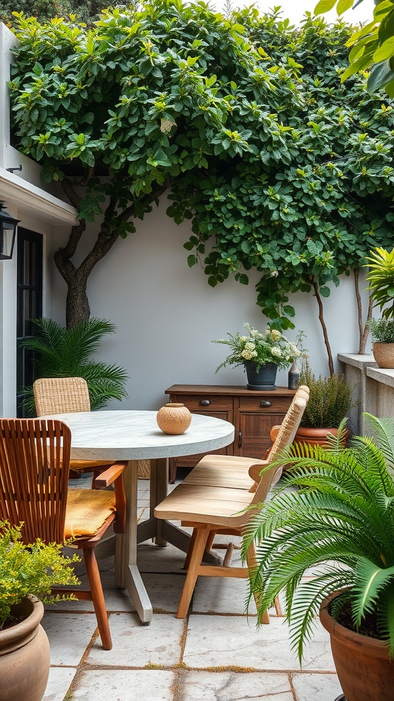 A serene outdoor terrace with wooden furniture, a round table, and lush greenery.