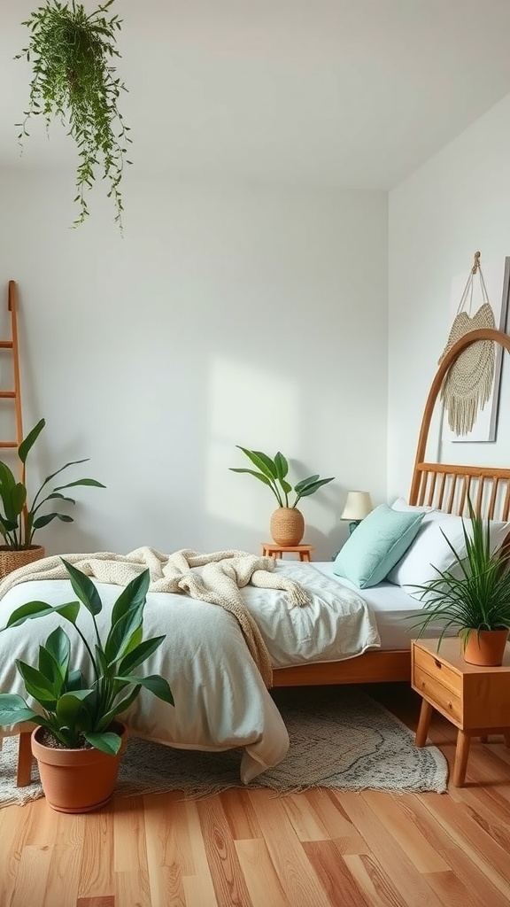 A cozy bohemian bedroom featuring natural wood elements and various indoor plants.