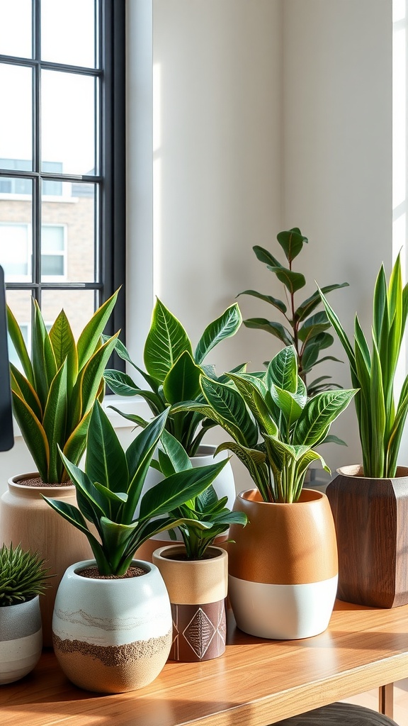 A collection of various planters with green plants on a wooden desk in a bright office.