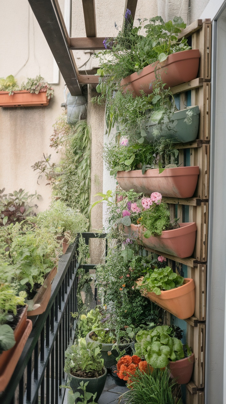 A vertical garden with colorful flowers and leafy greens on a balcony.