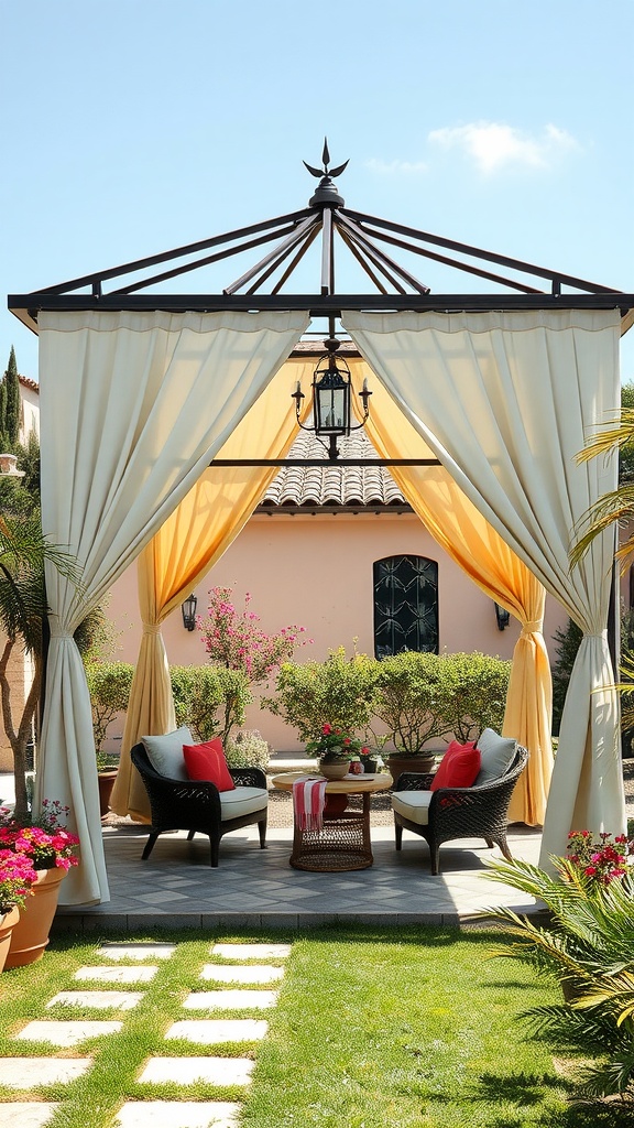 A beautiful sun shelter with draped curtains and comfortable seating in a garden.