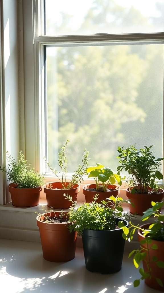 A sunny window sill with various small potted plants