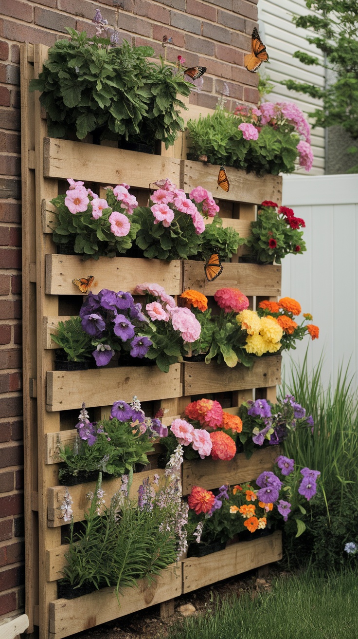 A vertical flower garden made from wooden pallets filled with colorful flowers and plants.