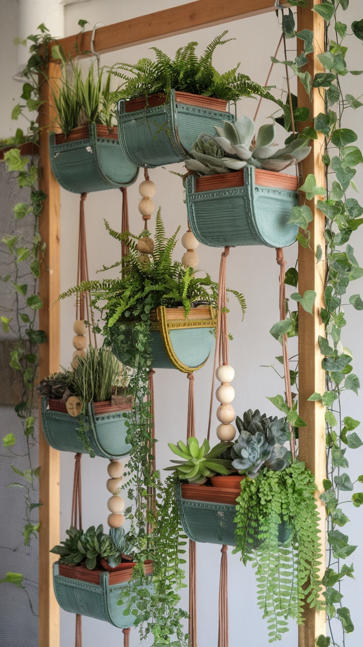 A vertical garden wall with hanging planters featuring various plants including ferns and succulents.