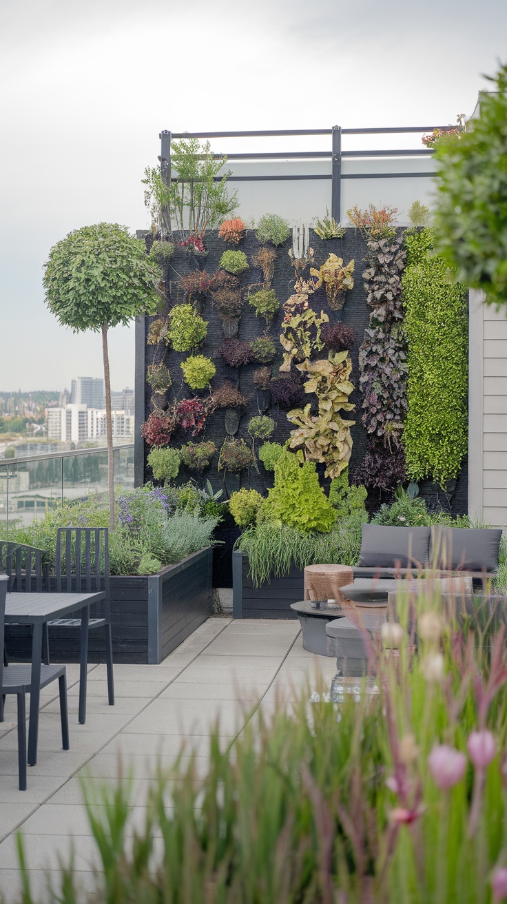 A vibrant vertical garden wall on a rooftop with various plants and comfortable seating.