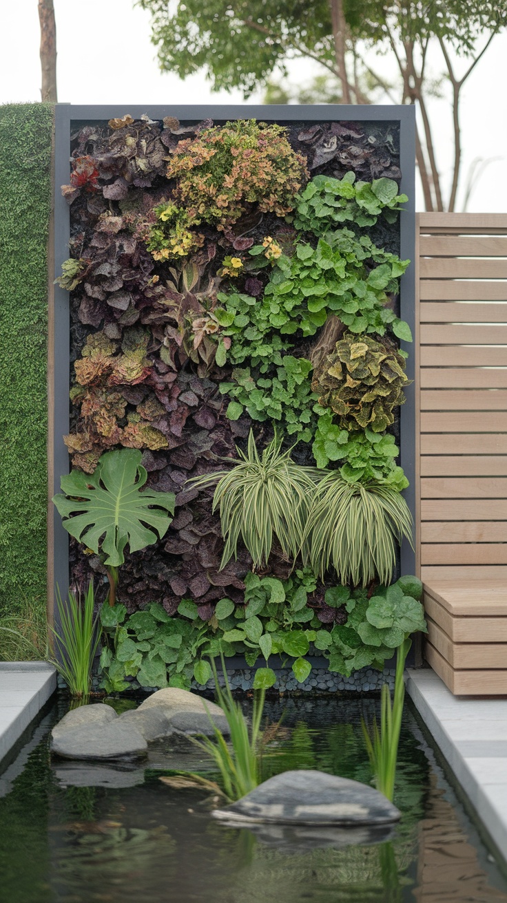 Vertical garden wall with various plants and a water feature.