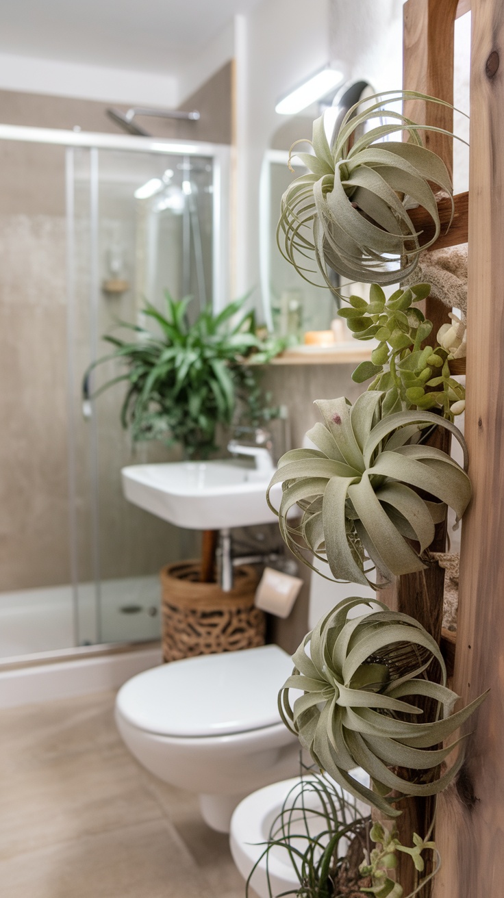 Vertical garden wall with air plants in a modern bathroom setting