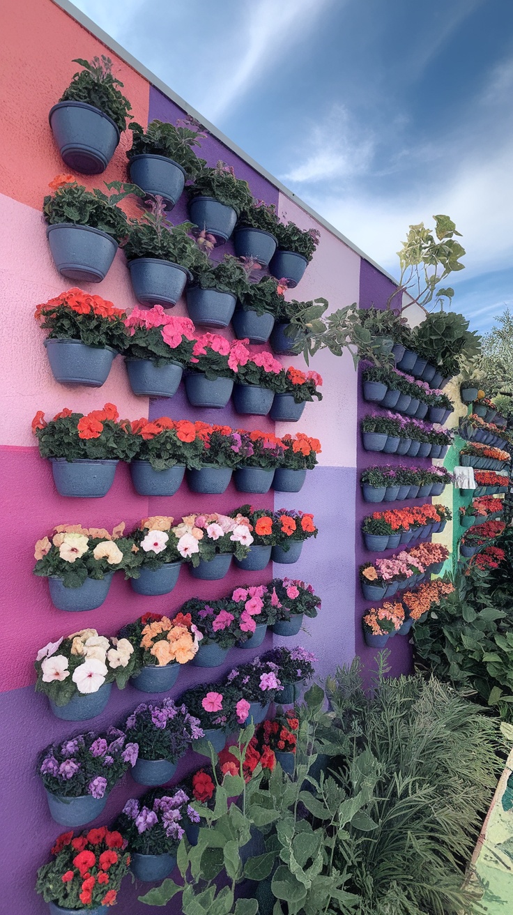 A colorful vertical garden wall with various flowering plants in pots, showcasing a mix of vibrant colors.