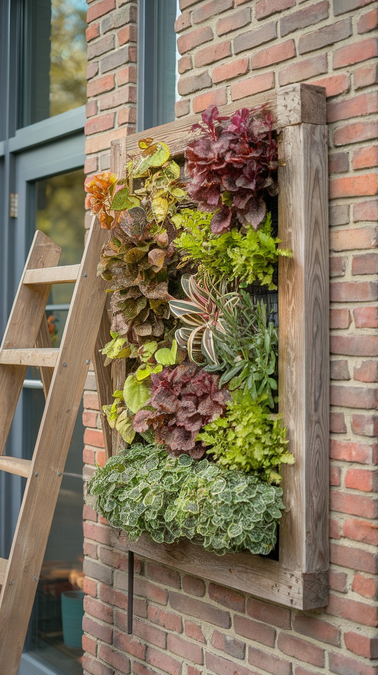 A vertical garden featuring a variety of plants arranged in reclaimed wood frames against a brick wall, with a wooden ladder nearby.