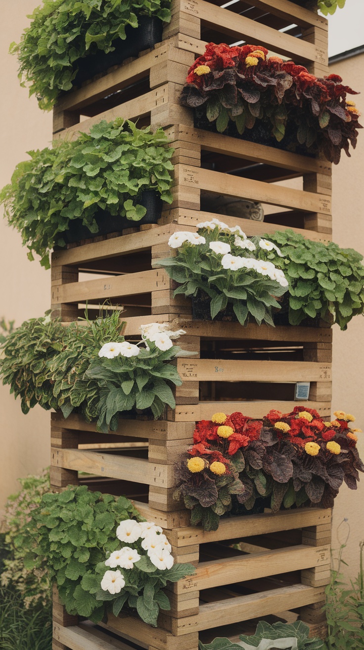 Vertical garden made from recycled wooden pallets, showcasing various plants including herbs and perennials.