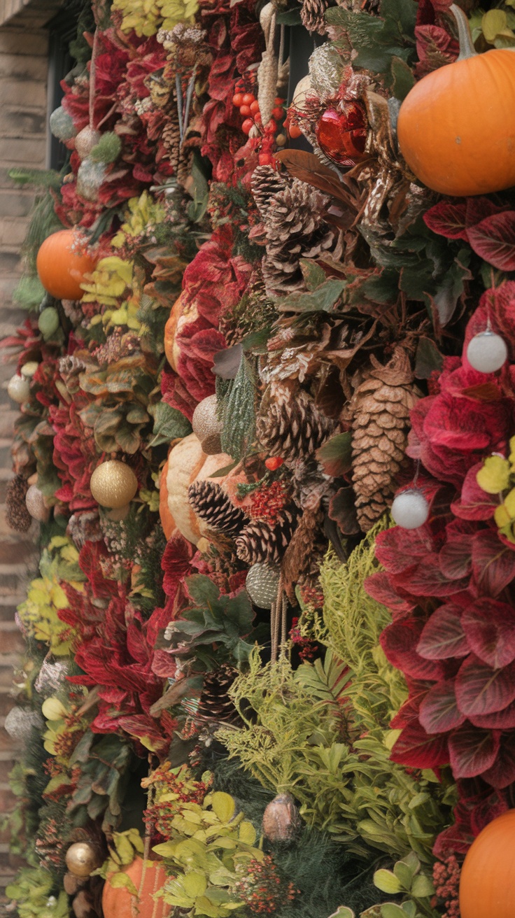 A vertical garden wall decorated with seasonal foliage, pumpkins, and pinecones, showcasing vibrant fall colors.