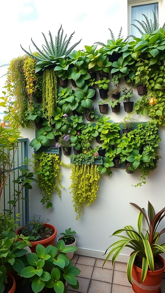 A vertical garden featuring lush green plants arranged on a wall, with various pots and greenery in a cozy terrace setting.