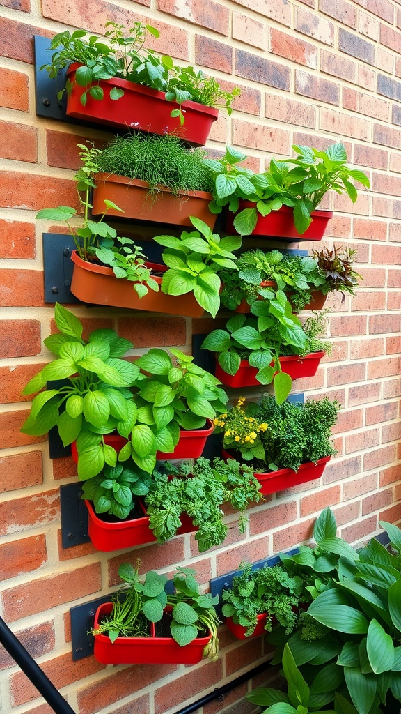 A vertical garden featuring wall planters filled with various herbs and small plants against a brick wall.