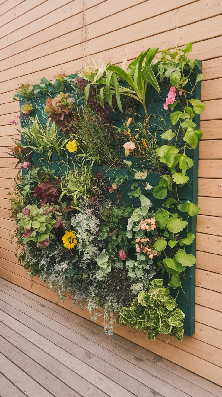 A vibrant vertical garden with various green plants and flowers on a wooden wall.