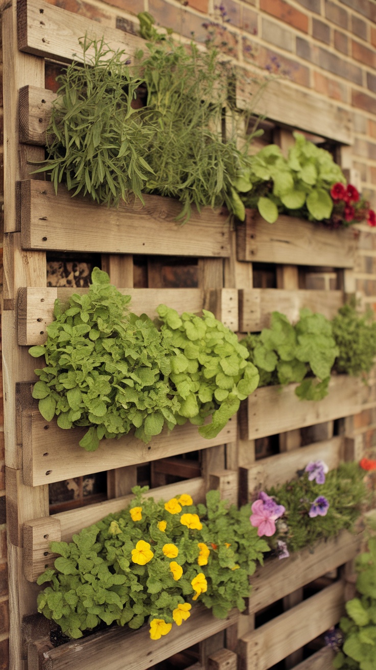 Vertical garden made from wooden pallets with herbs and flowers.