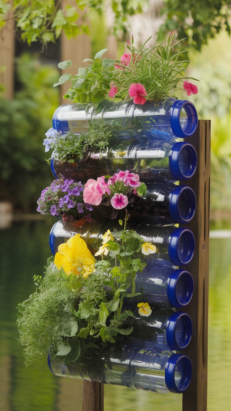 Vertical planters made from plastic bottles filled with colorful flowers and herbs.