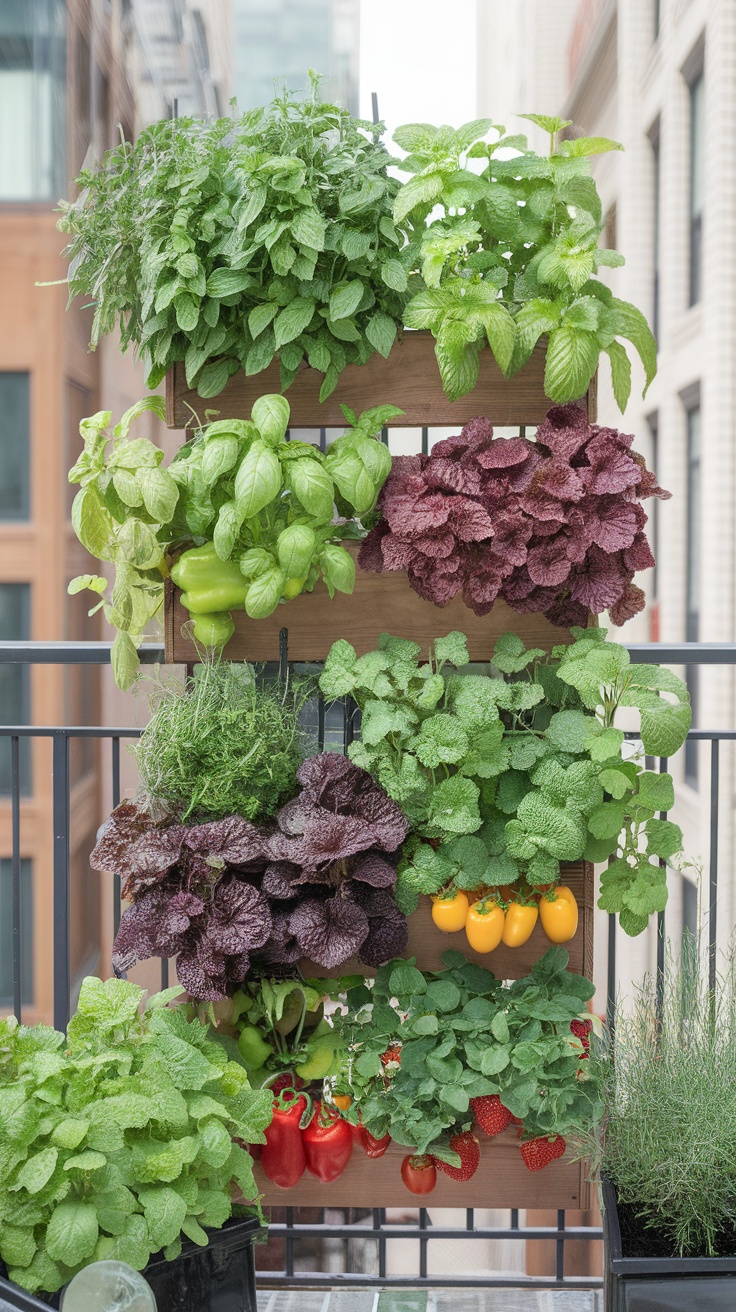 Vertical vegetable garden with various herbs and vegetables growing on a wooden structure.